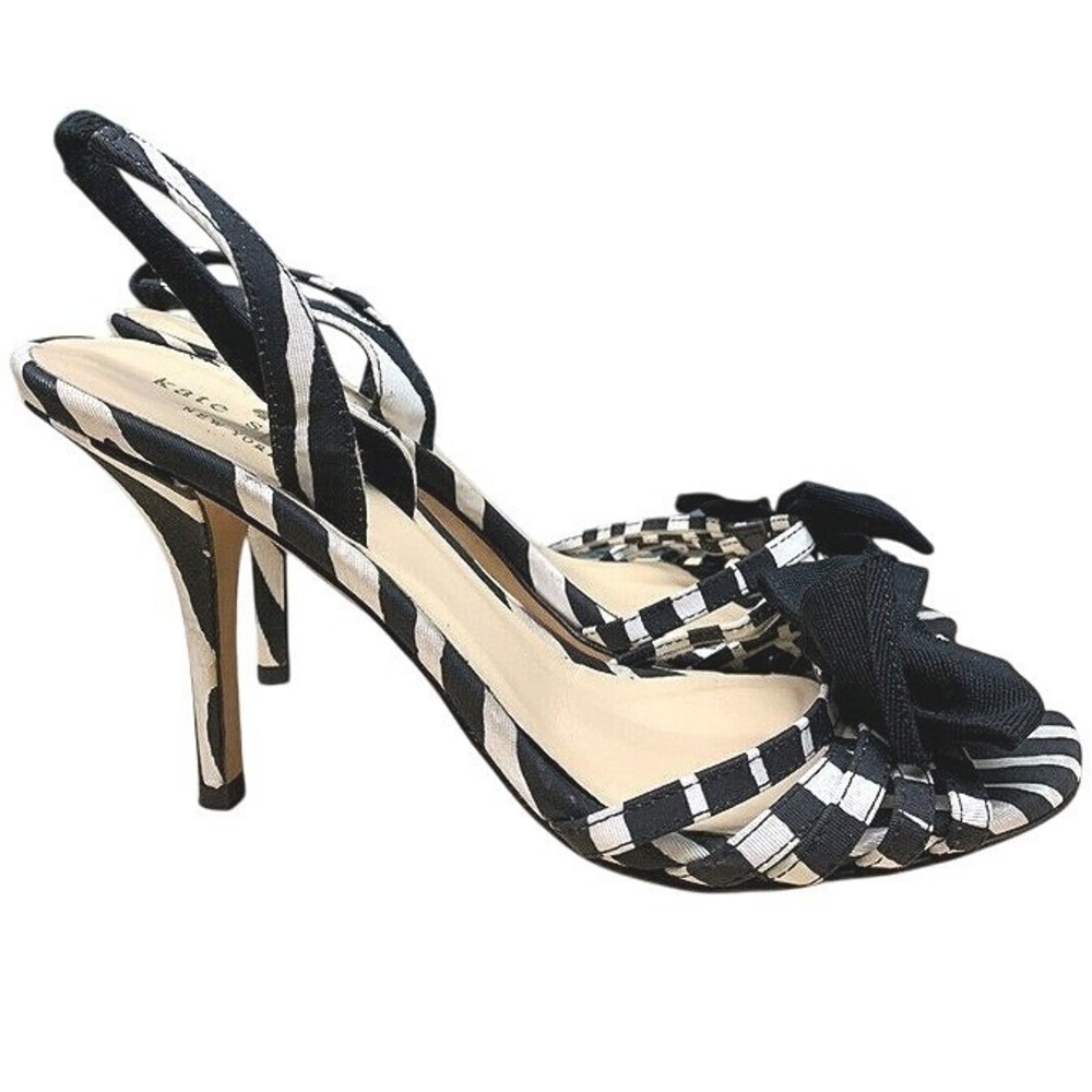 Kate Spade Celeste Bow Slingback Heels Womens 7B Black Stripe Peep Toe Stiletto